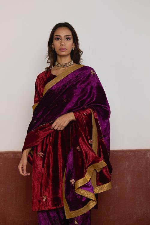 Half & Half  Velvet Dupatta in Red and Purple