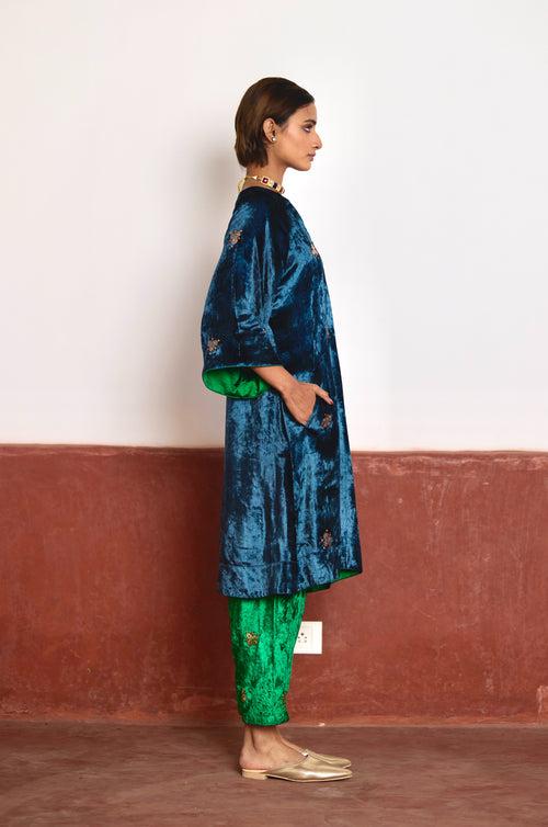 MD Kurta in Teal Velvet with Green Velvet Salwar