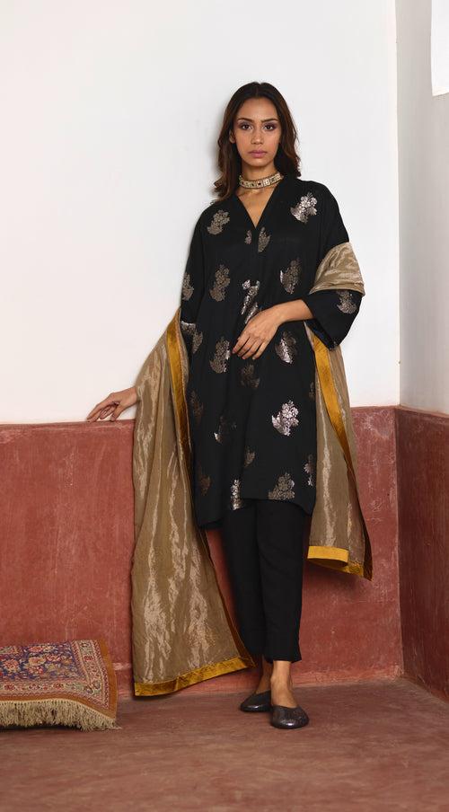 Shahi Kaftan in Black Brocade with Black Pant