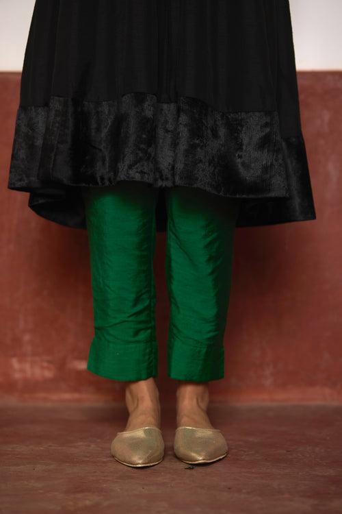 Sashiko Kurta in Black Silk with Green Pant