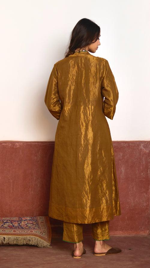 Long Sashiko Kurta in Gold Tissue with Gold Pant