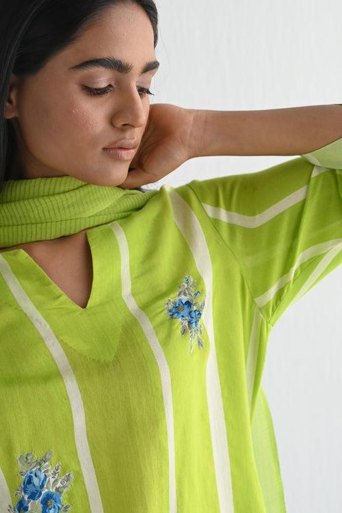 Saifi Kurta in Lime Green Silk Stripes with Salwar