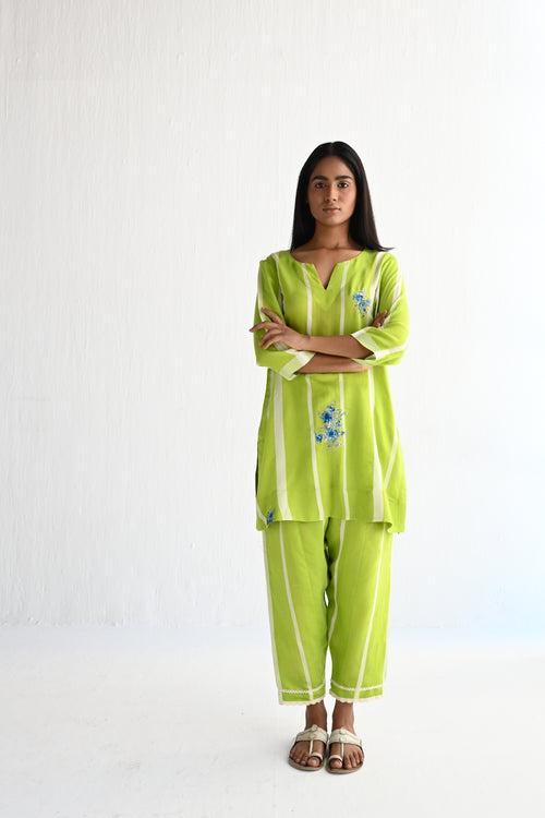 Saifi Kurta in Lime Green Silk Stripes with Salwar