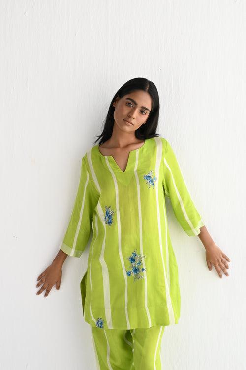 Saifi Kurta in Lime Green Silk Stripes with Salwar