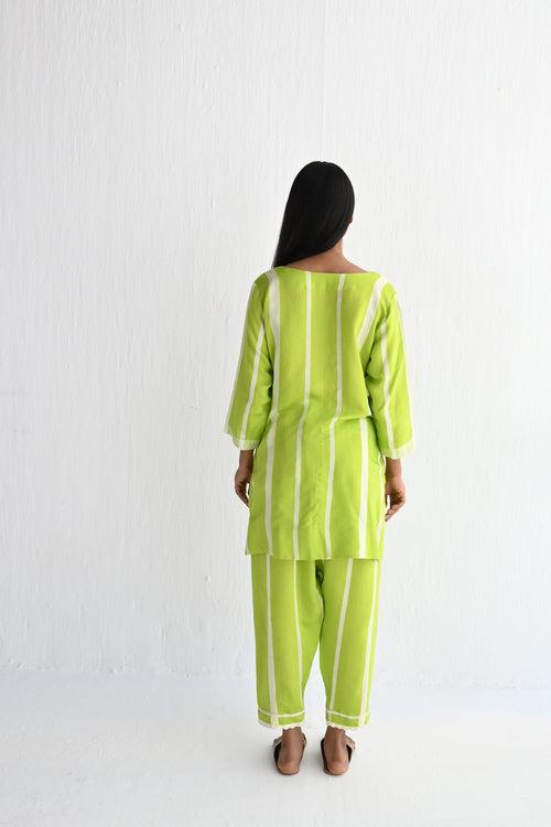 Saifi Kurta in Lime Green Silk Stripes with Salwar