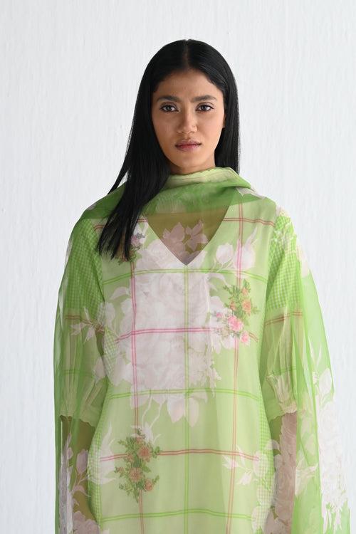 Dupatta in Green Flower Print Organza