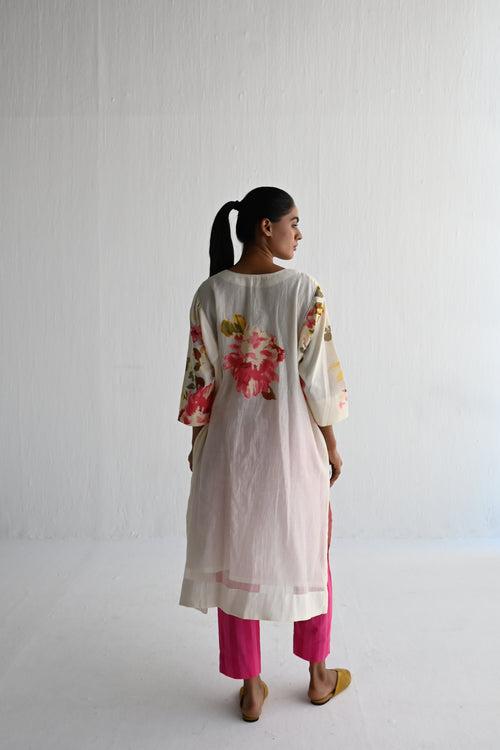 Jhabla Kurta in Pink Flower Print with Stripes Pant