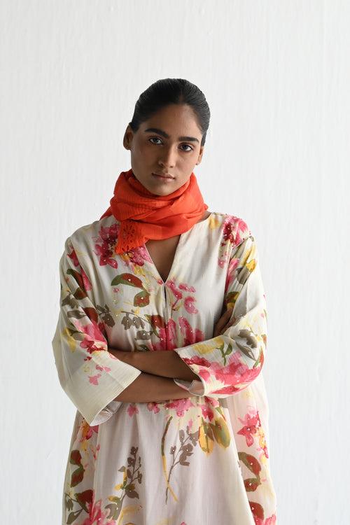 Jhabla Kurta in Pink Flower Print with Stripes Pant