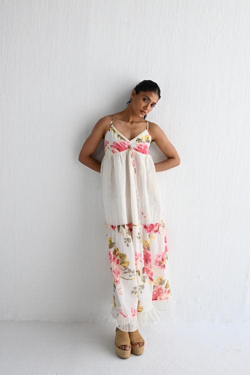 Bavs Maxi in Pink Flower Print and Zari Stripes Organza