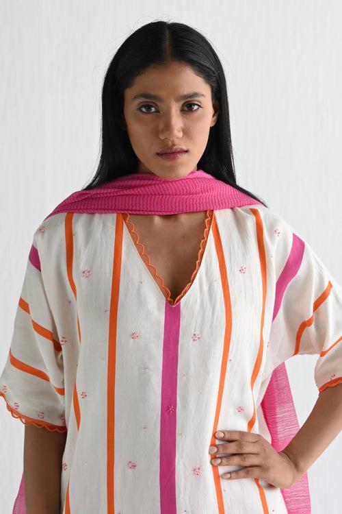 Shahi Kaftan in Hot Pink & Orange Silk Stripes with Pant