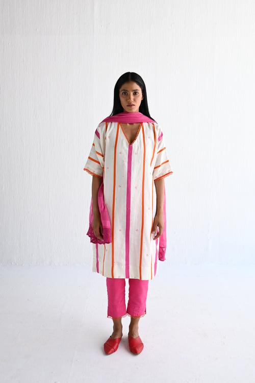 Shahi Kaftan in Hot Pink & Orange Silk Stripes with Pant