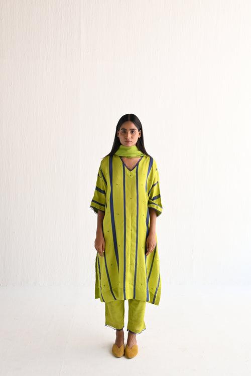 Shahi Kaftan in Lime Green & Blue Silk Stripes with Pant