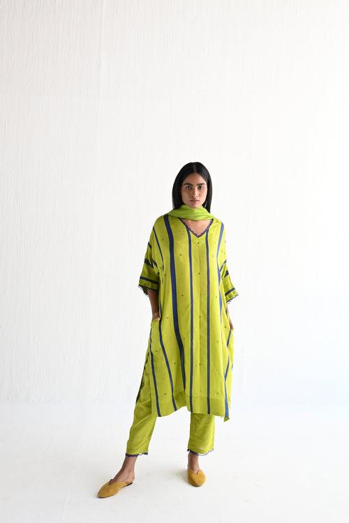 Shahi Kaftan in Lime Green & Blue Silk Stripes with Pant