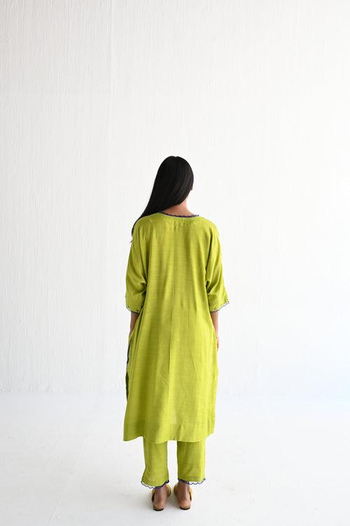 Shahi Kaftan in Lime Green & Blue Silk Stripes with Pant