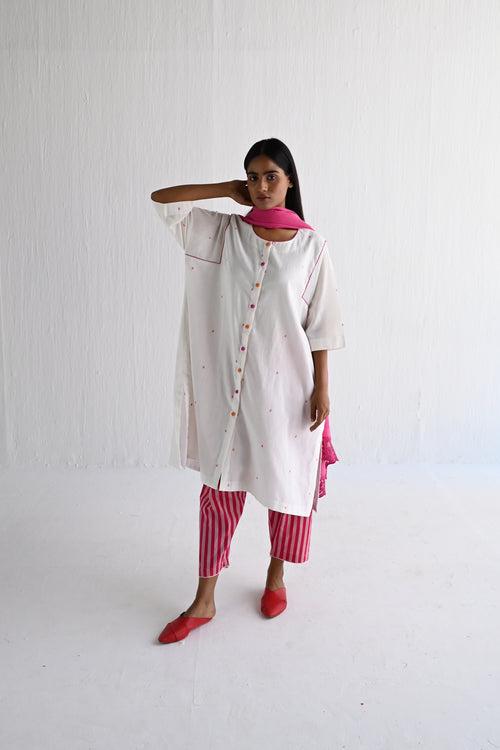 Choga Shirt in Ivory & Multicolor Dot Jamdani with Stripes Salwar