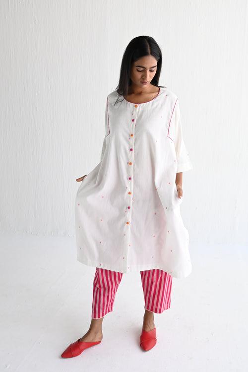 Choga Shirt in Ivory & Multicolor Dot Jamdani with Stripes Salwar