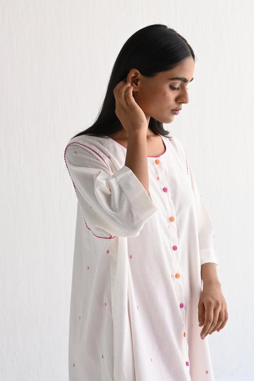 Choga Shirt in Ivory & Multicolor Dot Jamdani with Stripes Salwar