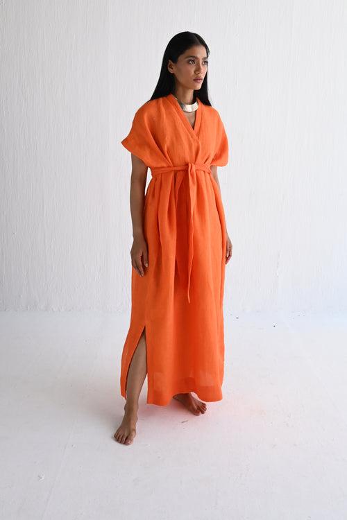 Amy Maxi in Orange Linen with Belt