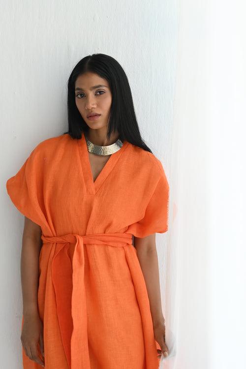 Amy Maxi in Orange Linen with Belt