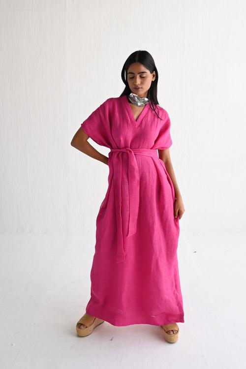 Amy Maxi in Hot Pink Linen with Belt