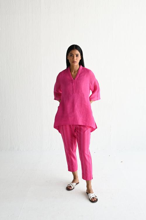 Oonch Neech Kurta in Hot Pink Linen with Stripes Pant