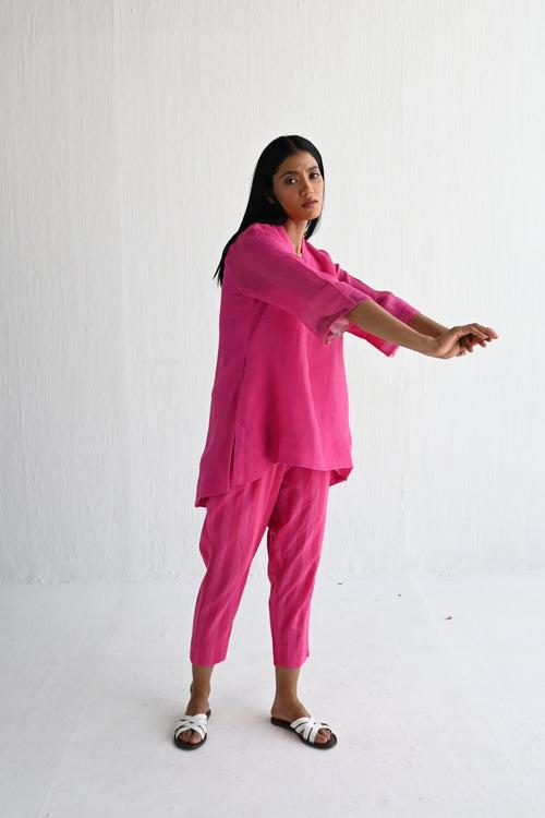 Oonch Neech Kurta in Hot Pink Linen with Stripes Pant