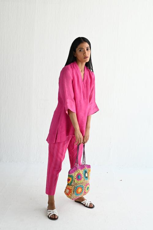 Oonch Neech Kurta in Hot Pink Linen with Stripes Pant