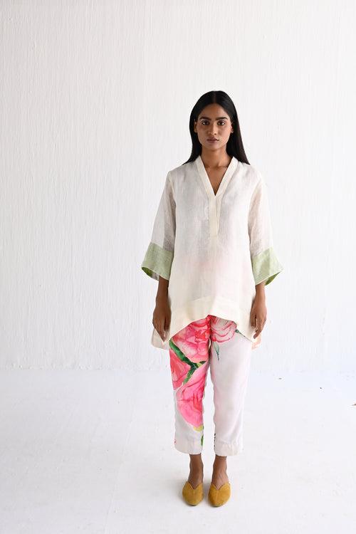 Oonch Neech Kurta in Ivory Linen with Printed Pant