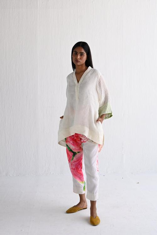 Oonch Neech Kurta in Ivory Linen with Printed Pant