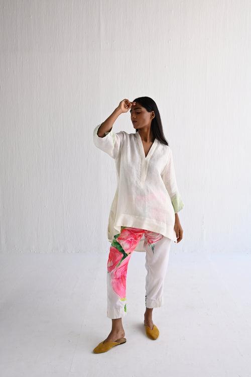 Oonch Neech Kurta in Ivory Linen with Printed Pant