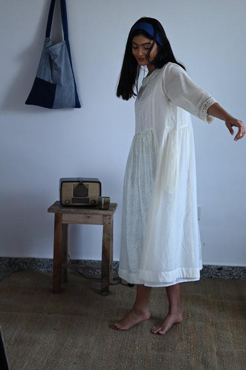 Anna Dress in White Chanderi & Stripes