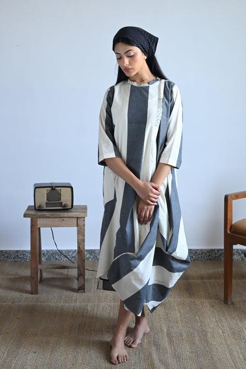 Cowl Dress in Black & White Stripes