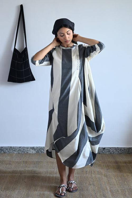 Cowl Dress in Black & White Stripes