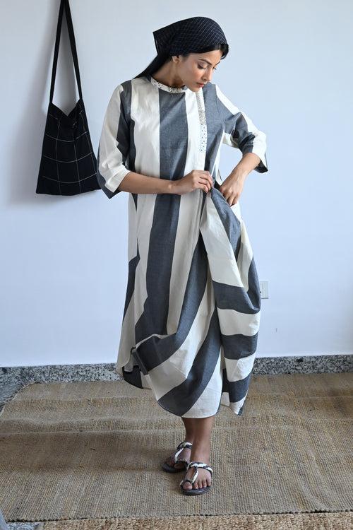 Cowl Dress in Black & White Stripes