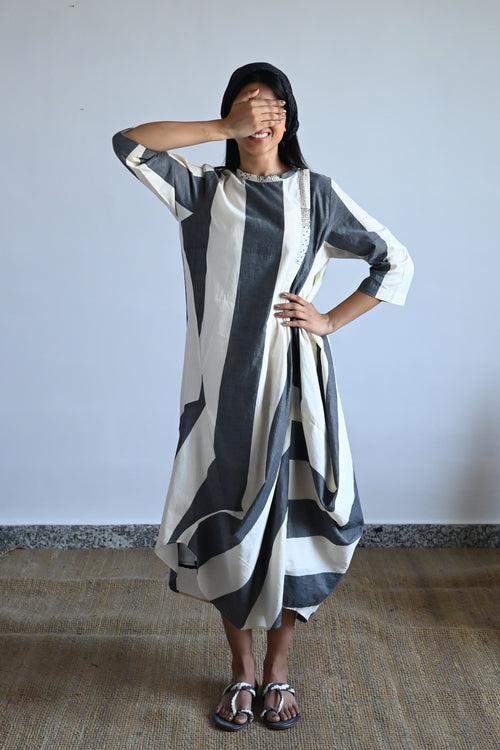 Cowl Dress in Black & White Stripes