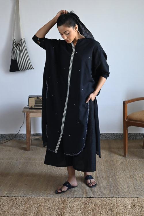 Long Slit Shirt in Black Dot Jamdani with Black Jhabla Pant