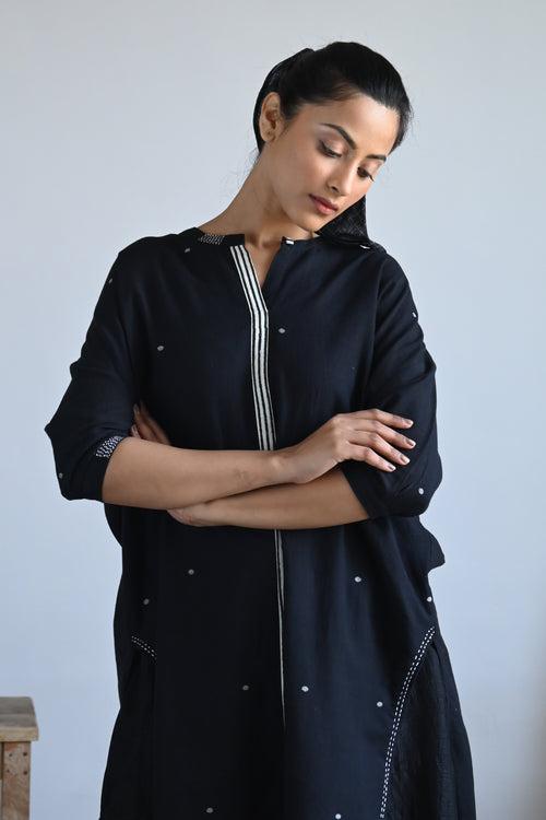 Long Slit Shirt in Black Dot Jamdani with Black Jhabla Pant