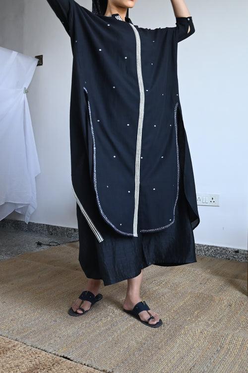 Long Slit Shirt in Black Dot Jamdani with Black Jhabla Pant