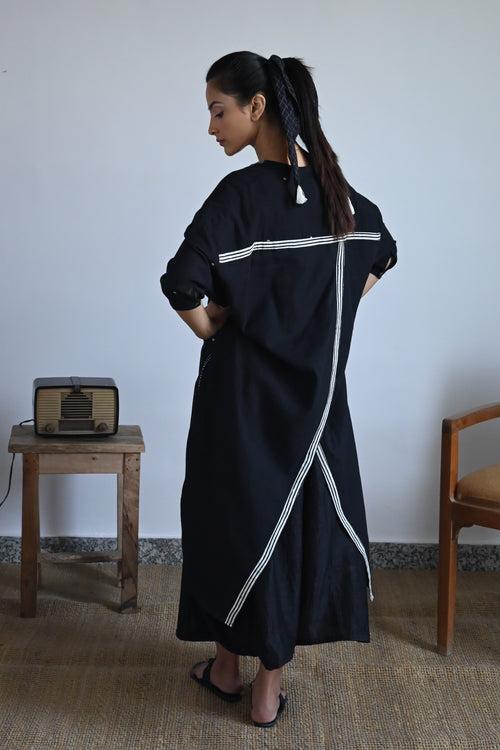 Long Slit Shirt in Black Dot Jamdani with Black Jhabla Pant