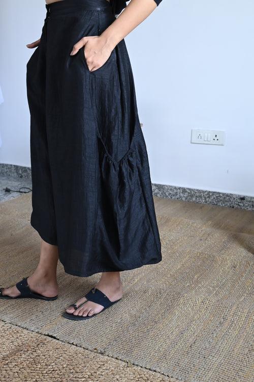 Long Slit Shirt in Black Dot Jamdani with Black Jhabla Pant