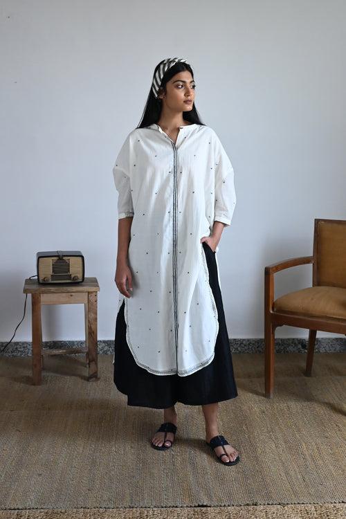 Long Slit Shirt in White Dot Jamdani with Black Jhabla Pant