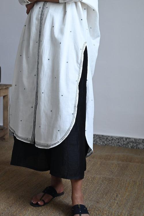 Long Slit Shirt in White Dot Jamdani with Black Jhabla Pant