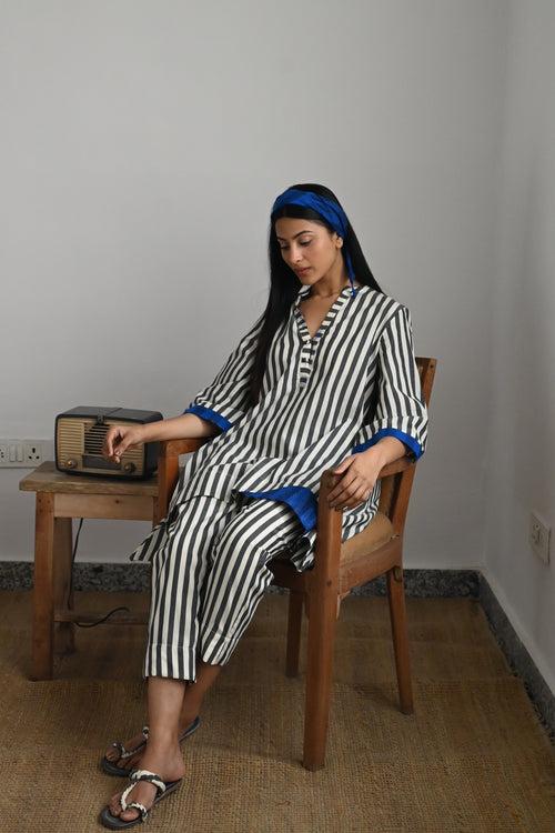 Oonch Neech Top in Black & White Stripes with Stripes Pant