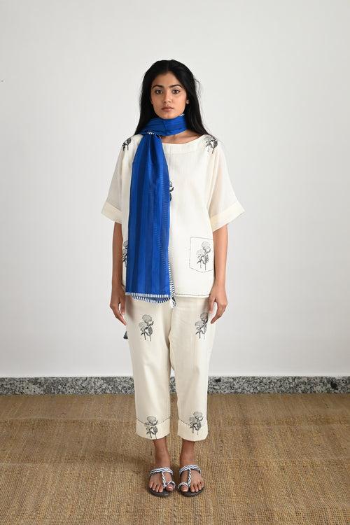 White Bundi Top in Printed Muslin with Printed White Cotton Pant