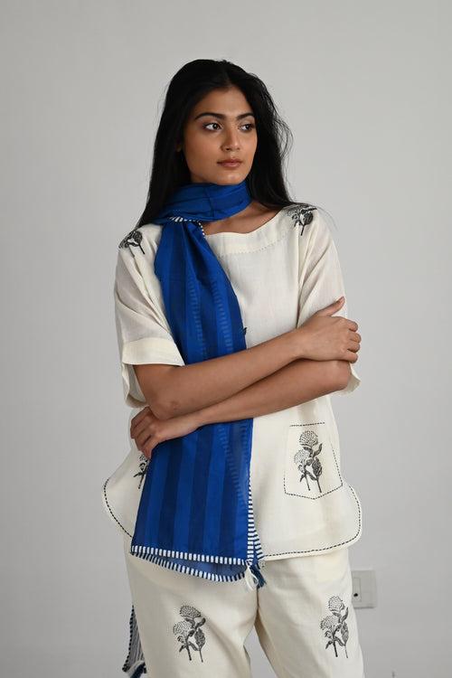 White Bundi Top in Printed Muslin with Printed White Cotton Pant