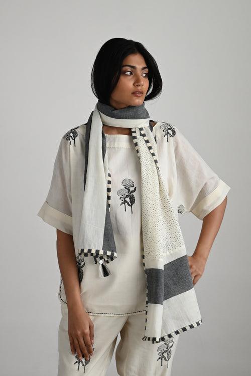 White Bundi Top in Printed Muslin with Printed White Cotton Pant