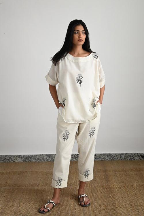 White Bundi Top in Printed Muslin with Printed White Cotton Pant