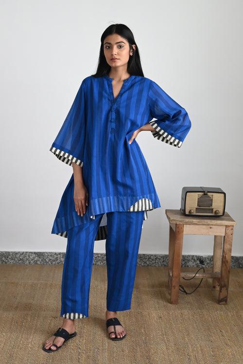 Oonch Neech Top in Blue & Indigo Stripes with Stripes Pant