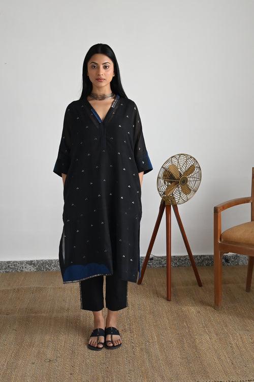 Shahi Kaftan in Black Silver Jamdani with Black Pant