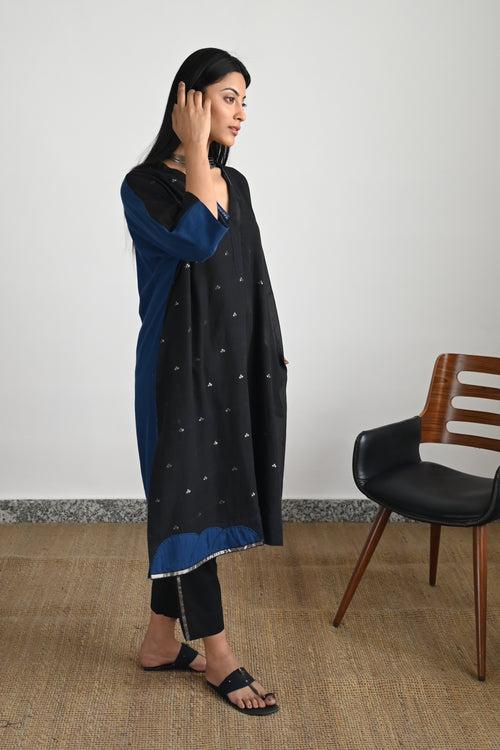 Shahi Kaftan in Black Silver Jamdani with Black Pant